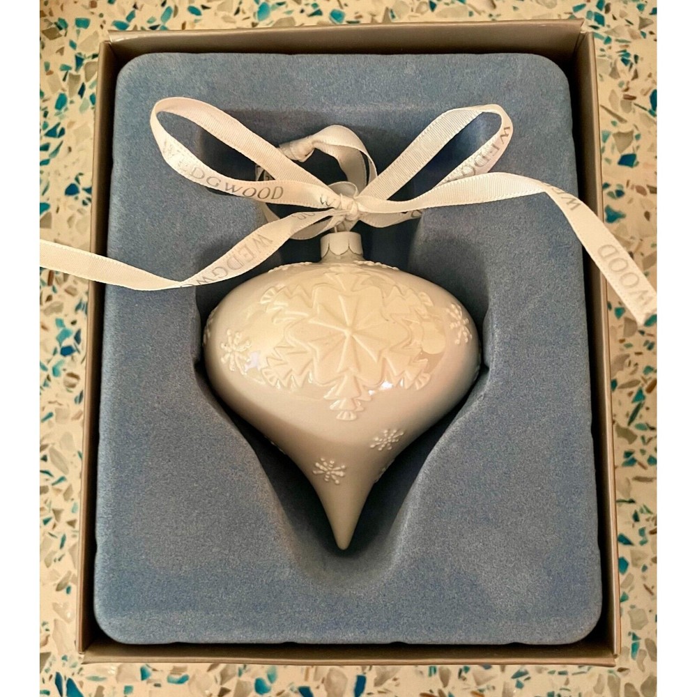 Wedgwood Teardrop White Snowflake Christmas Ornament Jasperware NIB